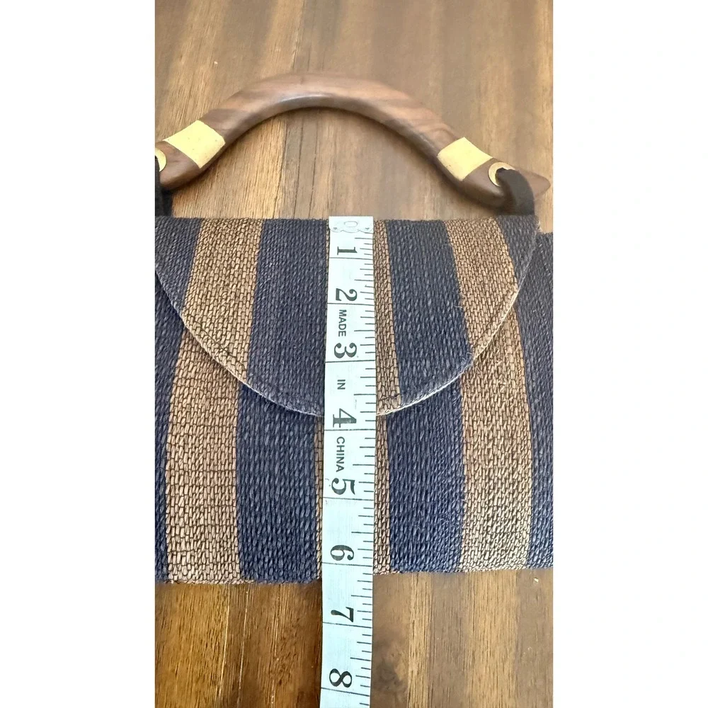 Woven Straw Striped Handbag Black Brown Wood Top Handle Bag purse vintage style